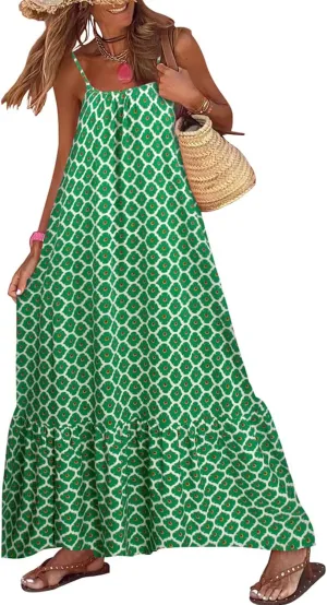 Womens Summer Bohemian Pattern Spaghetti Straps Sleeveless Casual Maxi Long Dresses Y2k Beach Sundress Streetwear