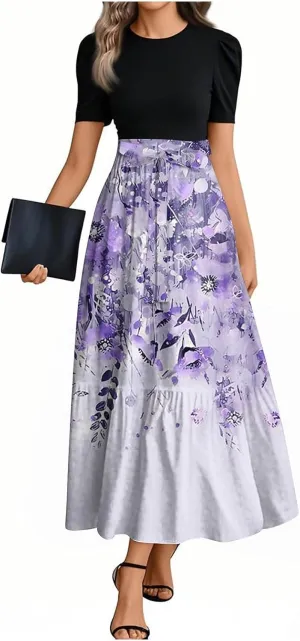Womens Summer Casual Midi Dress Cowl Neck Short Sleeve Smocked High Waist A Line Wedding Guest