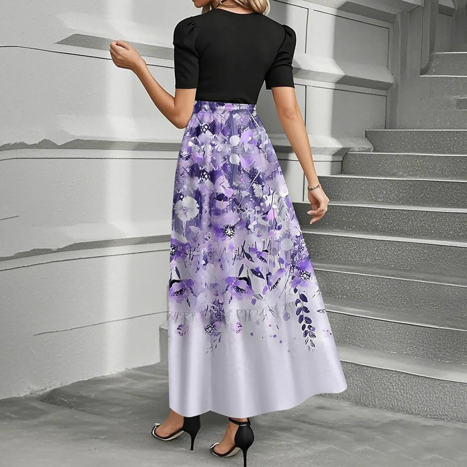 Womens Summer Casual Midi Dress Cowl Neck Short Sleeve Smocked High Waist A Line Wedding Guest