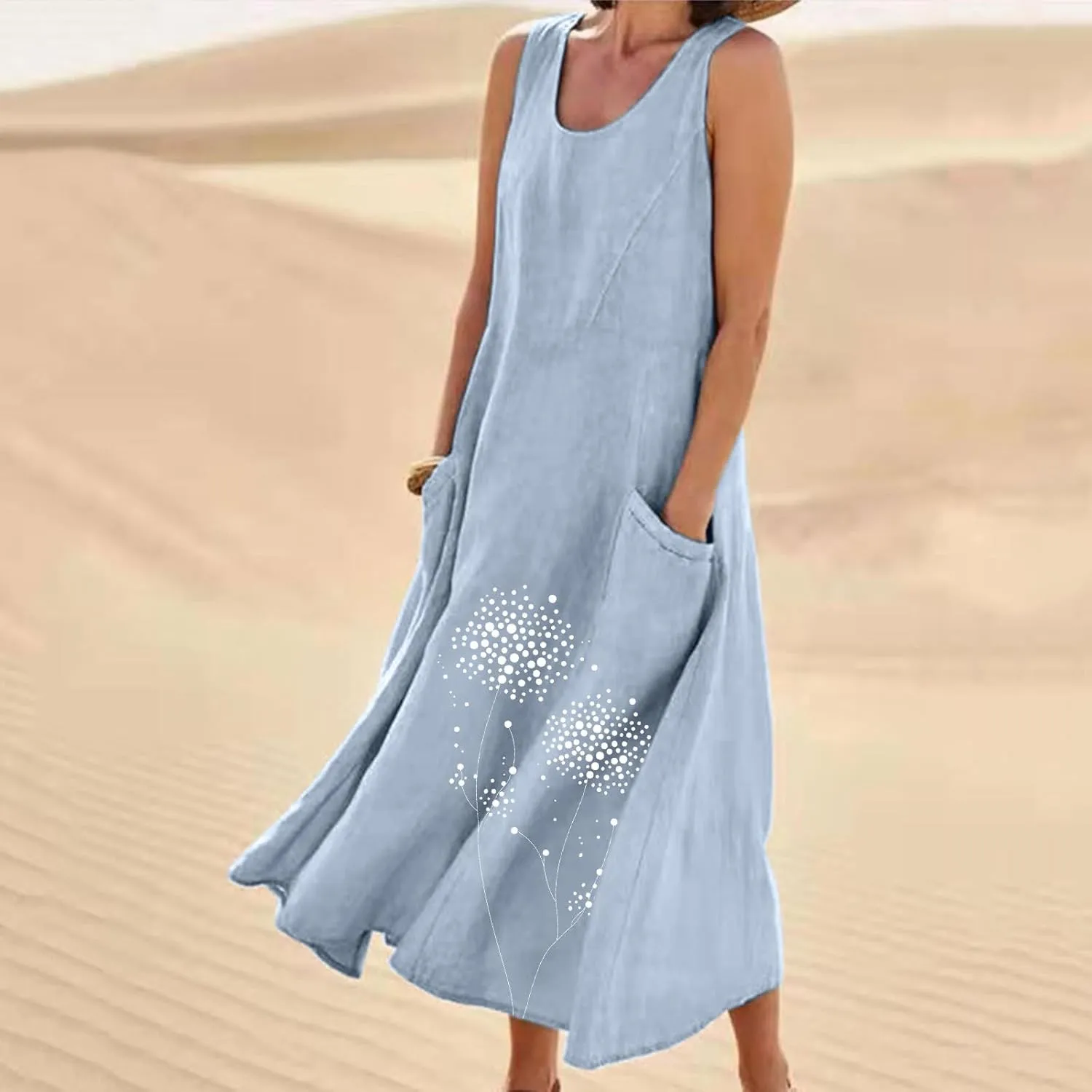 Women's Summer Casual Sleeveless Cotton Sun Dress Maxi Tank Beach 2025 Vacation Travel Floral Print Dress with Pockets