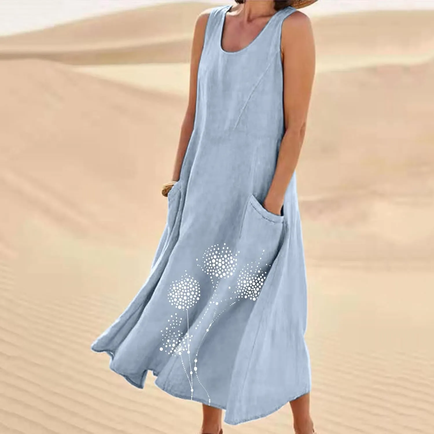 Women's Summer Casual Sleeveless Cotton Sun Dress Maxi Tank Beach 2025 Vacation Travel Floral Print Dress with Pockets