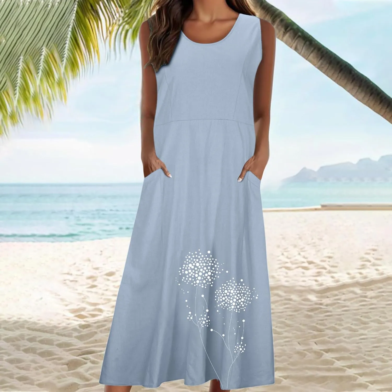 Women's Summer Casual Sleeveless Cotton Sun Dress Maxi Tank Beach 2025 Vacation Travel Floral Print Dress with Pockets