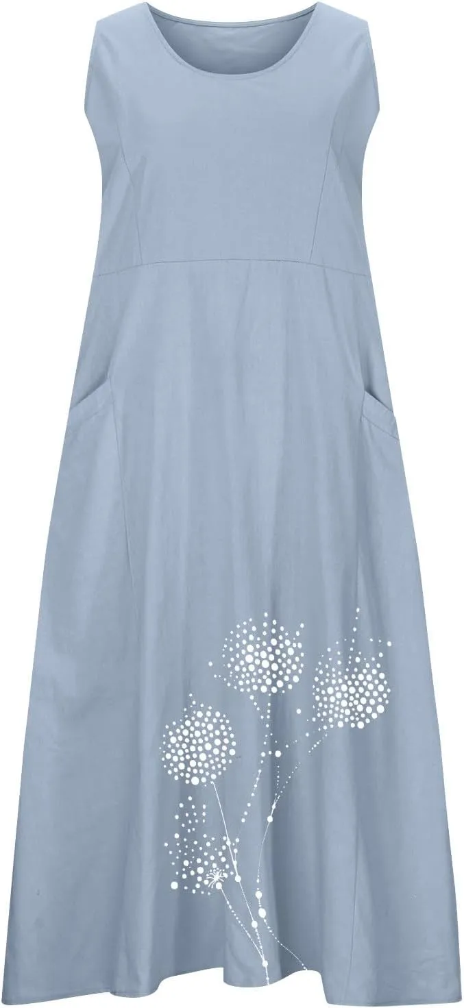 Women's Summer Casual Sleeveless Cotton Sun Dress Maxi Tank Beach 2025 Vacation Travel Floral Print Dress with Pockets