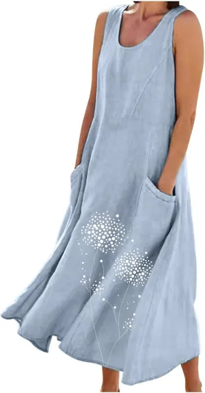 Women's Summer Casual Sleeveless Cotton Sun Dress Maxi Tank Beach 2025 Vacation Travel Floral Print Dress with Pockets