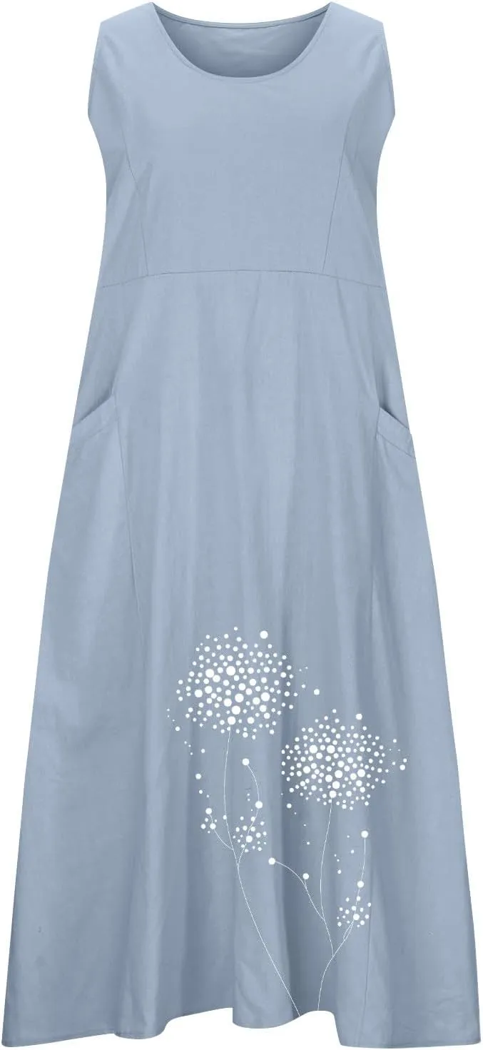 Women's Summer Casual Sleeveless Cotton Sun Dress Maxi Tank Beach 2025 Vacation Travel Floral Print Dress with Pockets