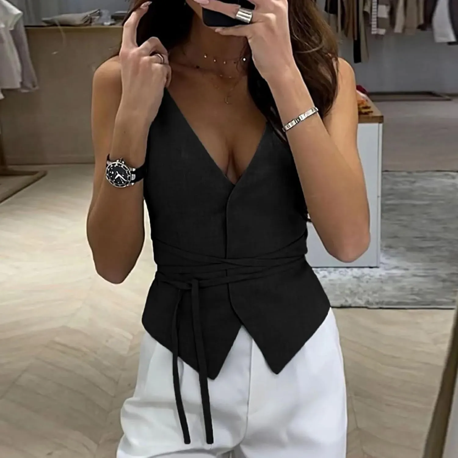 Women's Summer Casual Vest Tops V Neck Cropped Streetwear Slim Fit Vest Camisole