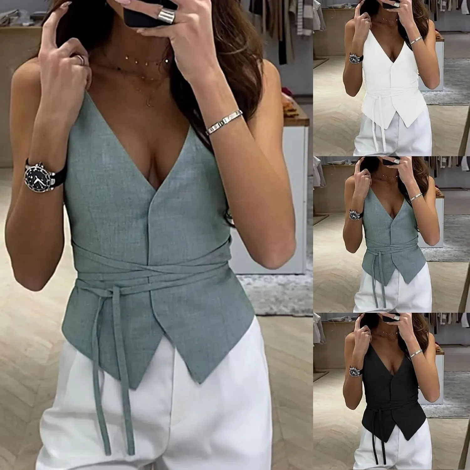 Women's Summer Casual Vest Tops V Neck Cropped Streetwear Slim Fit Vest Camisole