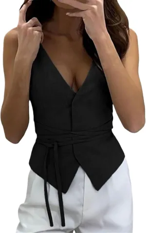 Women's Summer Casual Vest Tops V Neck Cropped Streetwear Slim Fit Vest Camisole