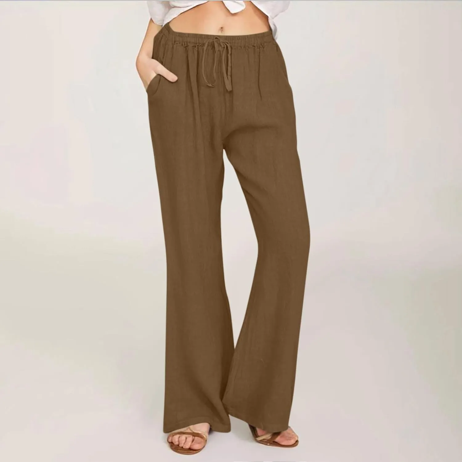 Women's Summer Cotton Linen Pants High Waist Wide Leg Loose Palazzo Pants Casual Beach Trousers Loose Fit with Pockets