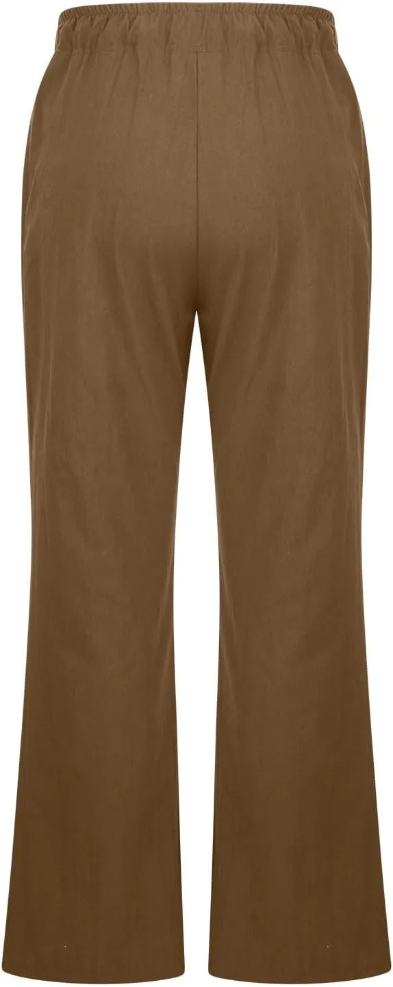 Women's Summer Cotton Linen Pants High Waist Wide Leg Loose Palazzo Pants Casual Beach Trousers Loose Fit with Pockets