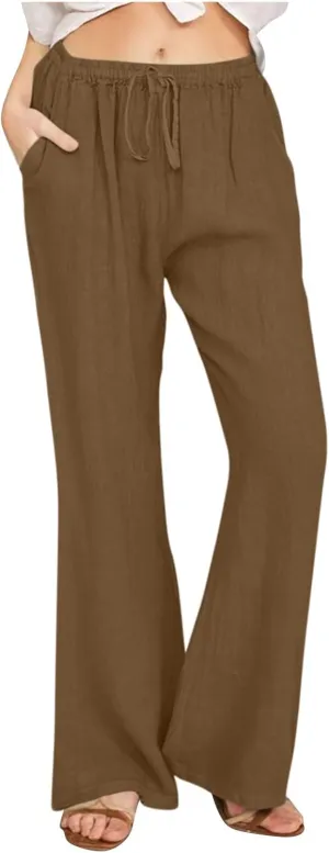Women's Summer Cotton Linen Pants High Waist Wide Leg Loose Palazzo Pants Casual Beach Trousers Loose Fit with Pockets
