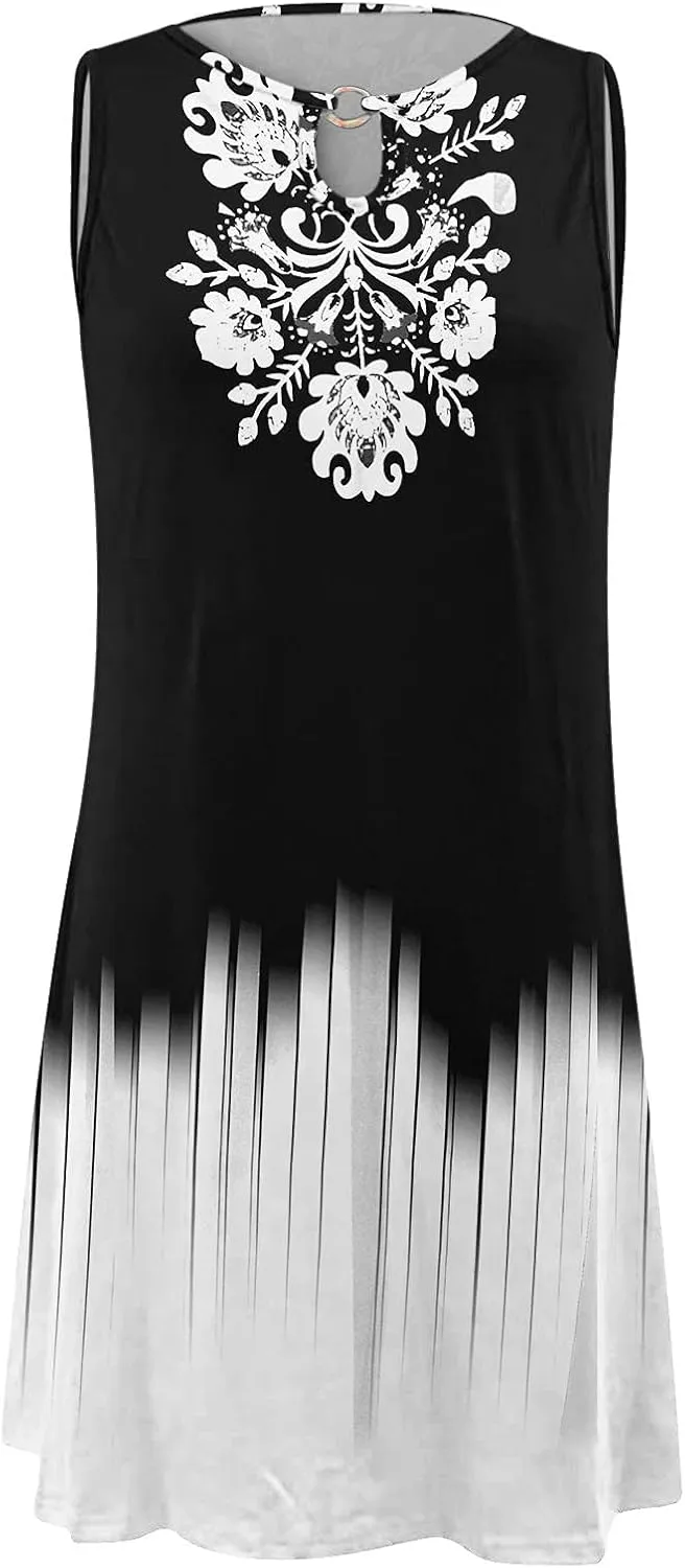 Women's Summer Dress Casual Sundresses Sleeveless Crew Neck Mini Short Dress Printed A-Line Boho Beach Dresses