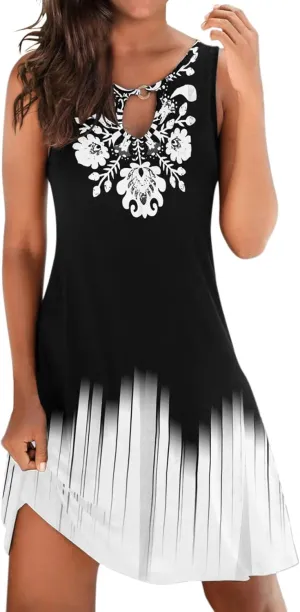 Women's Summer Dress Casual Sundresses Sleeveless Crew Neck Mini Short Dress Printed A-Line Boho Beach Dresses