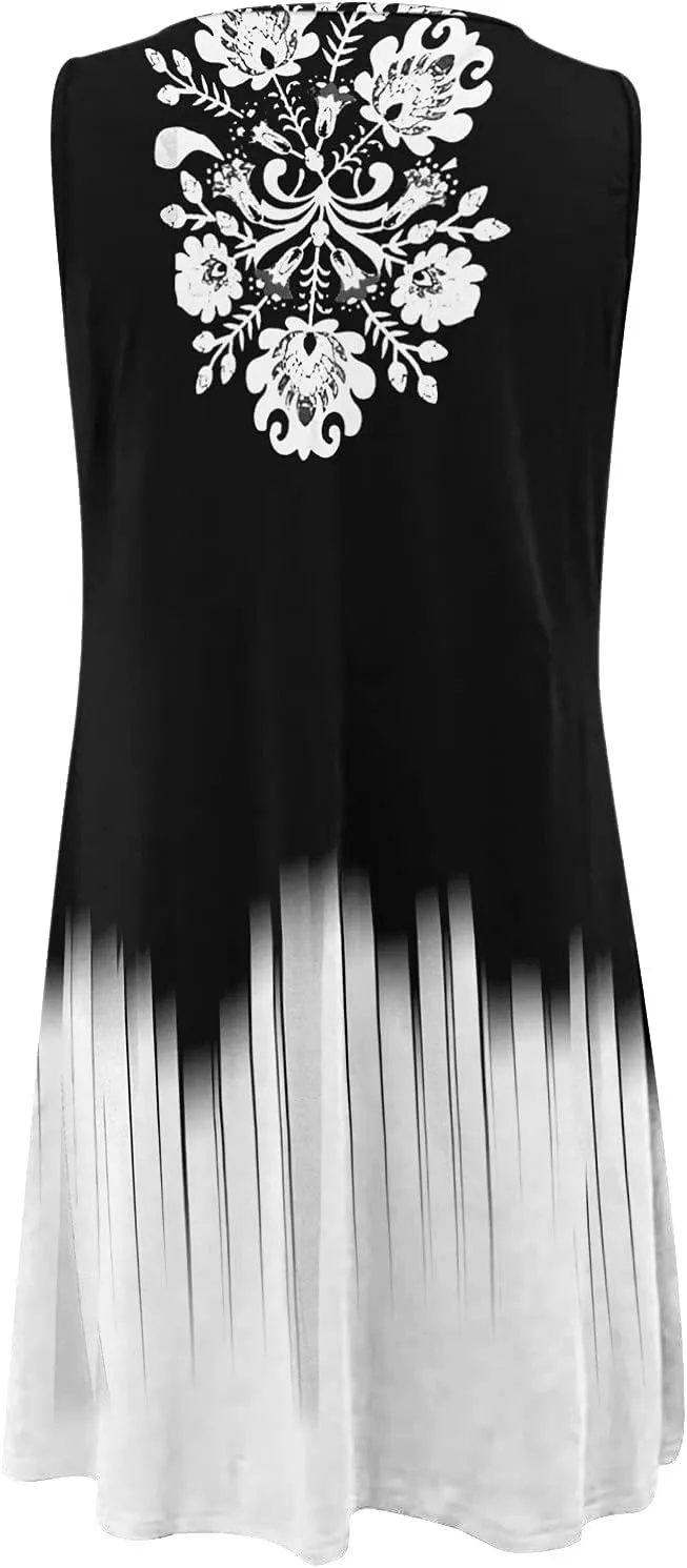 Women's Summer Dress Casual Sundresses Sleeveless Crew Neck Mini Short Dress Printed A-Line Boho Beach Dresses