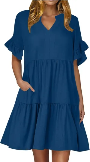 Womens Summer Dress Ruffle Sleeve V Neck Midi Dresses Fashion Casual Flowy Swing Tiered Boho Beach Vacation Sundress