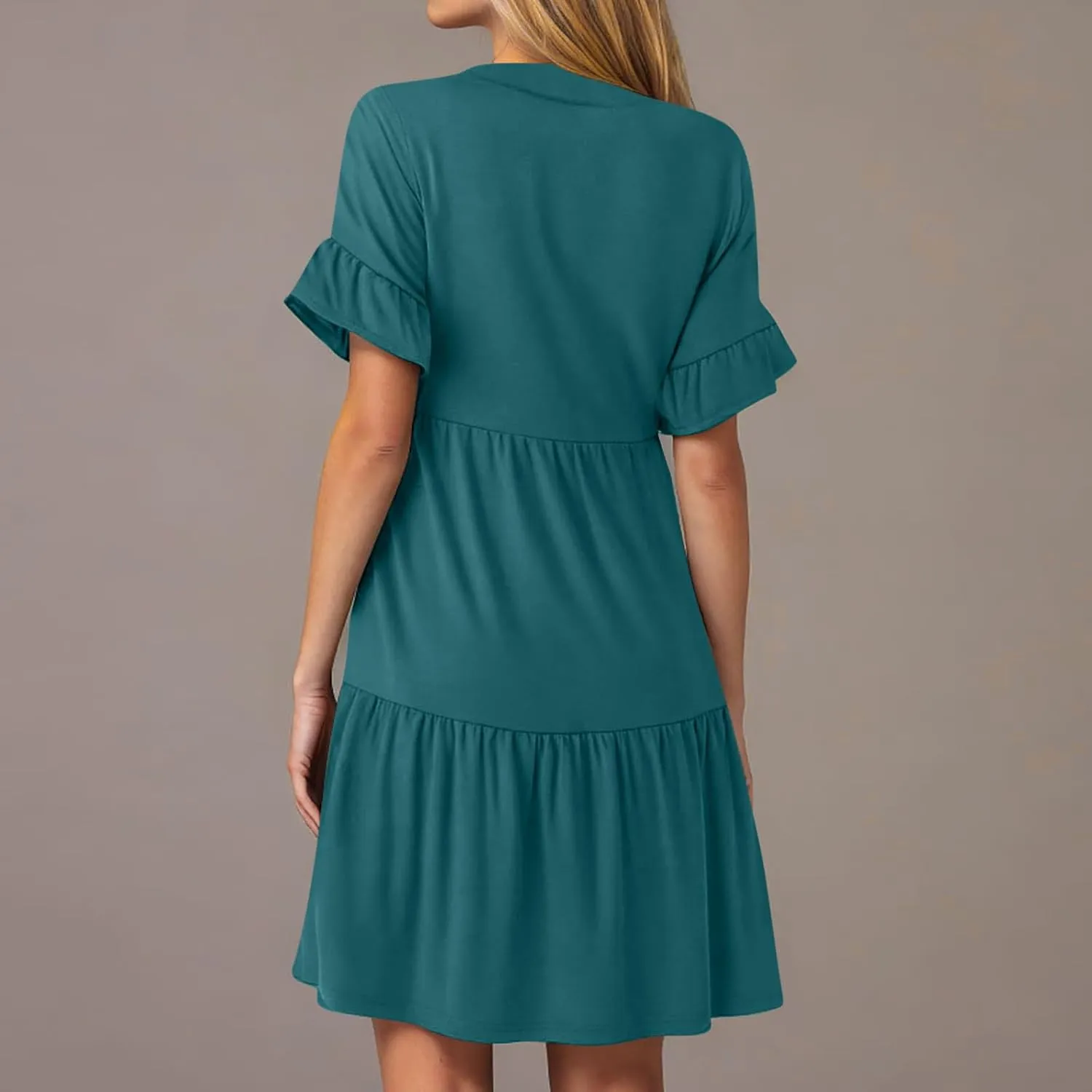Womens Summer Dress Ruffle Sleeve V Neck Midi Dresses Fashion Casual Flowy Swing Tiered Boho Beach Vacation Sundress
