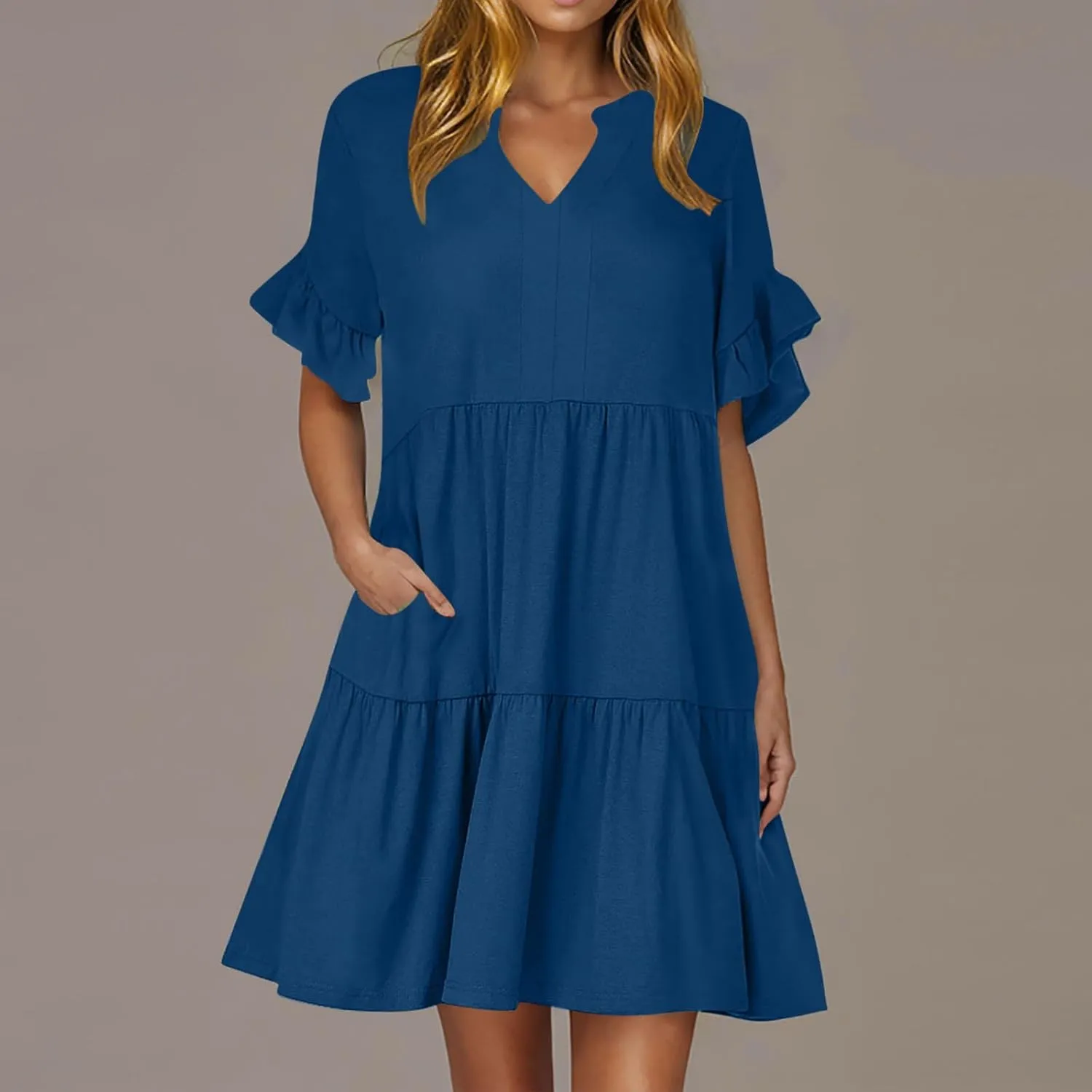 Womens Summer Dress Ruffle Sleeve V Neck Midi Dresses Fashion Casual Flowy Swing Tiered Boho Beach Vacation Sundress