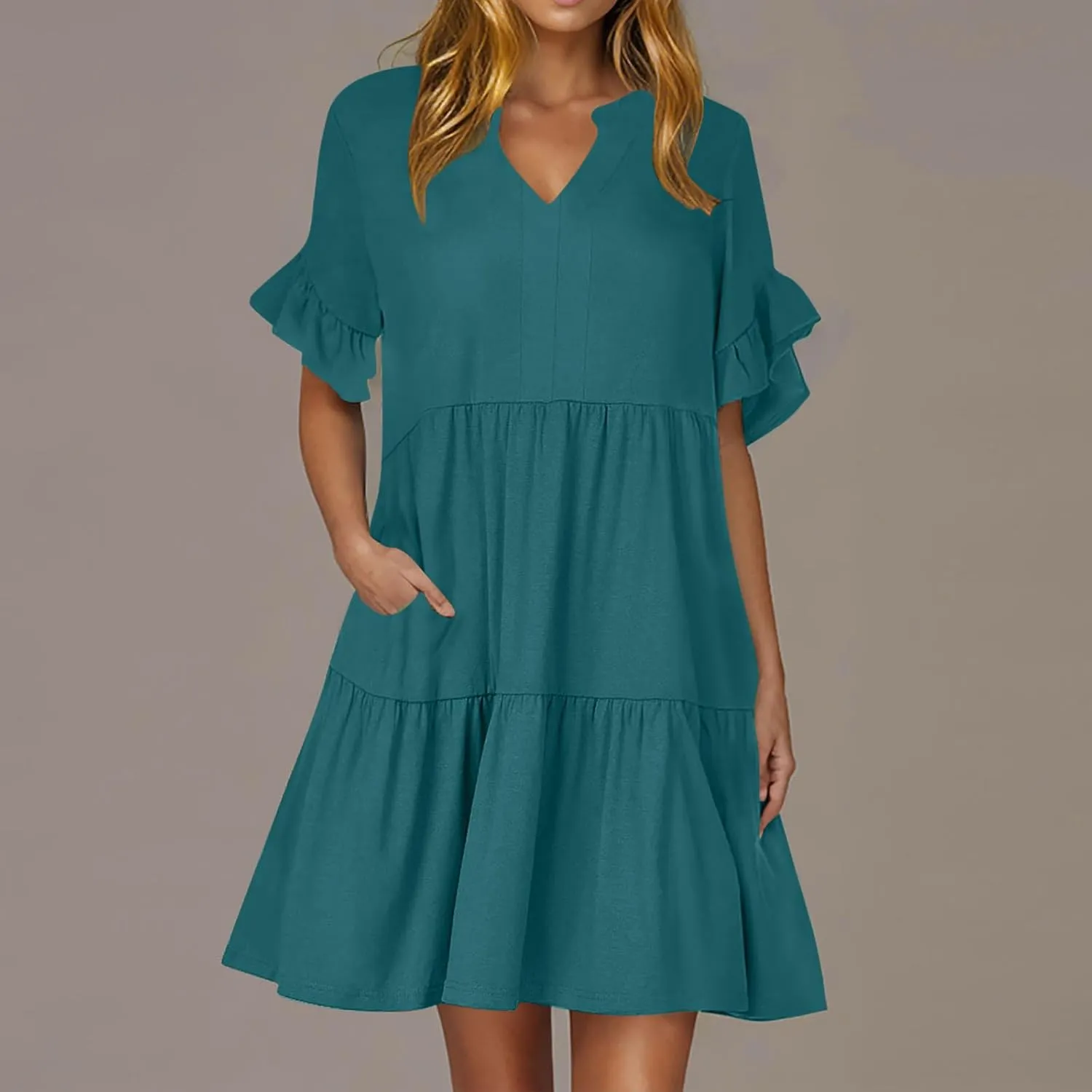 Womens Summer Dress Ruffle Sleeve V Neck Midi Dresses Fashion Casual Flowy Swing Tiered Boho Beach Vacation Sundress