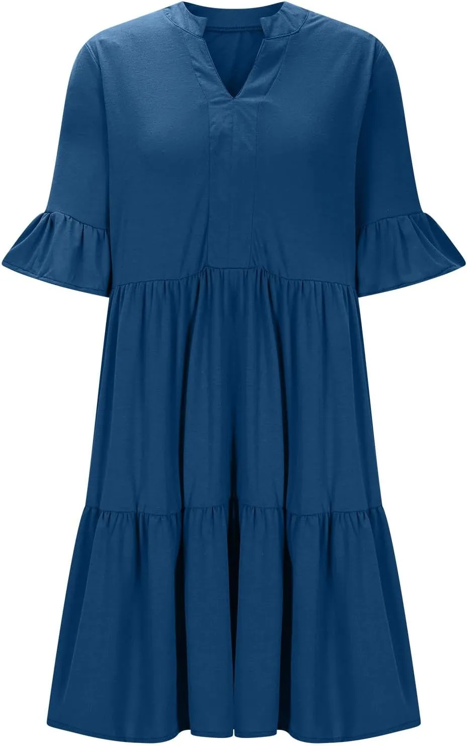 Womens Summer Dress Ruffle Sleeve V Neck Midi Dresses Fashion Casual Flowy Swing Tiered Boho Beach Vacation Sundress