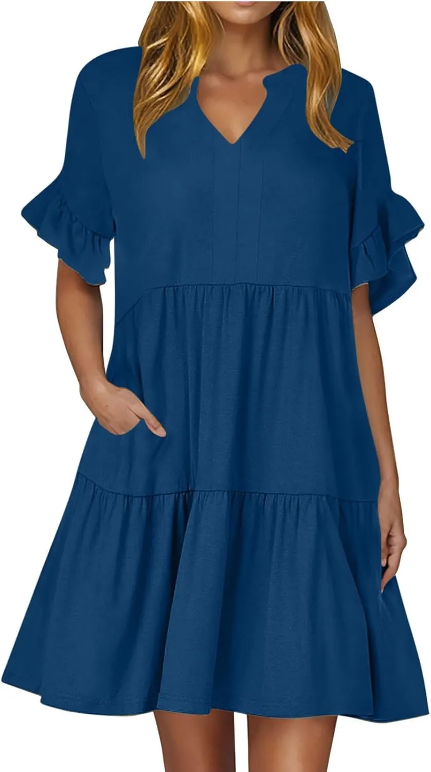 Womens Summer Dress Ruffle Sleeve V Neck Midi Dresses Fashion Casual Flowy Swing Tiered Boho Beach Vacation Sundress
