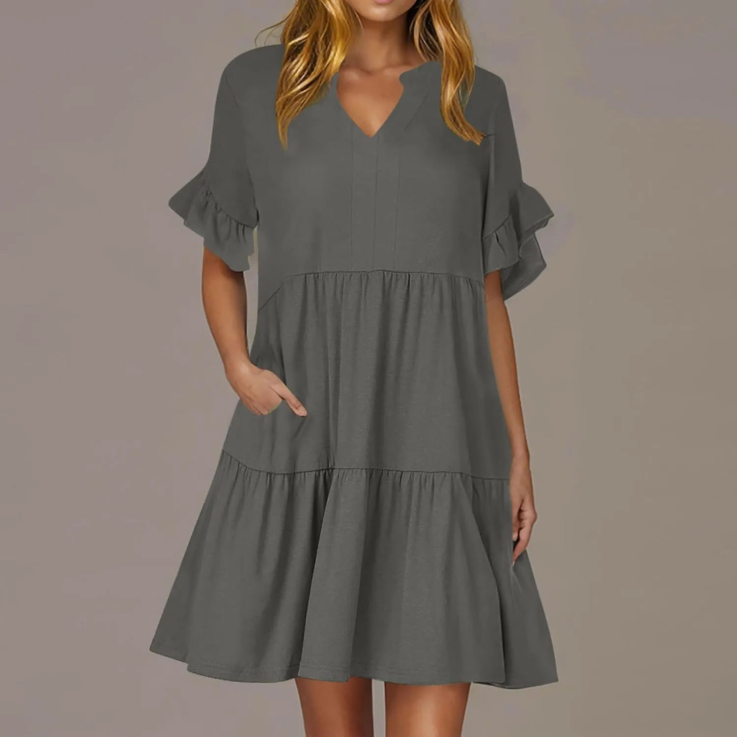 Womens Summer Dress Ruffle Sleeve V Neck Midi Dresses Fashion Casual Flowy Swing Tiered Boho Beach Vacation Sundress