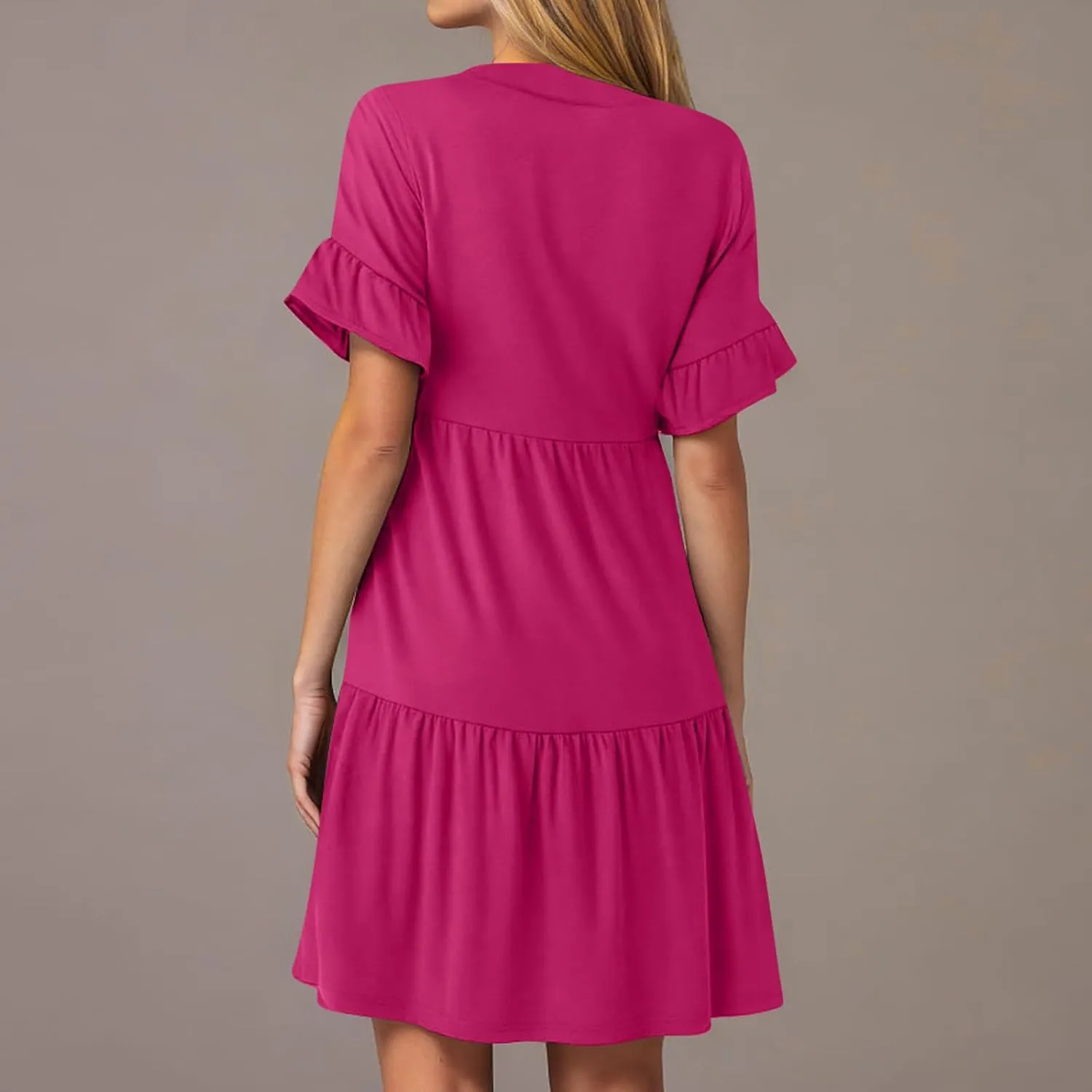 Womens Summer Dress Ruffle Sleeve V Neck Midi Dresses Fashion Casual Flowy Swing Tiered Boho Beach Vacation Sundress