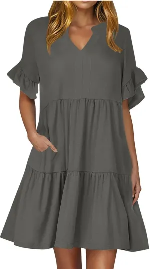 Womens Summer Dress Ruffle Sleeve V Neck Midi Dresses Fashion Casual Flowy Swing Tiered Boho Beach Vacation Sundress