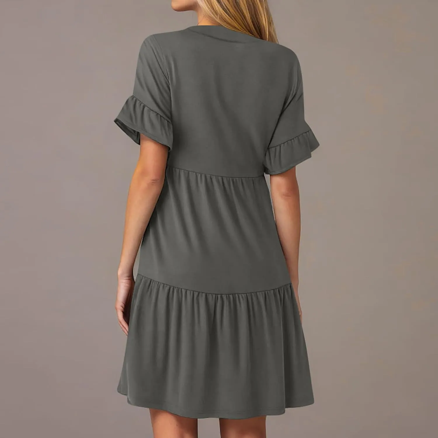 Womens Summer Dress Ruffle Sleeve V Neck Midi Dresses Fashion Casual Flowy Swing Tiered Boho Beach Vacation Sundress
