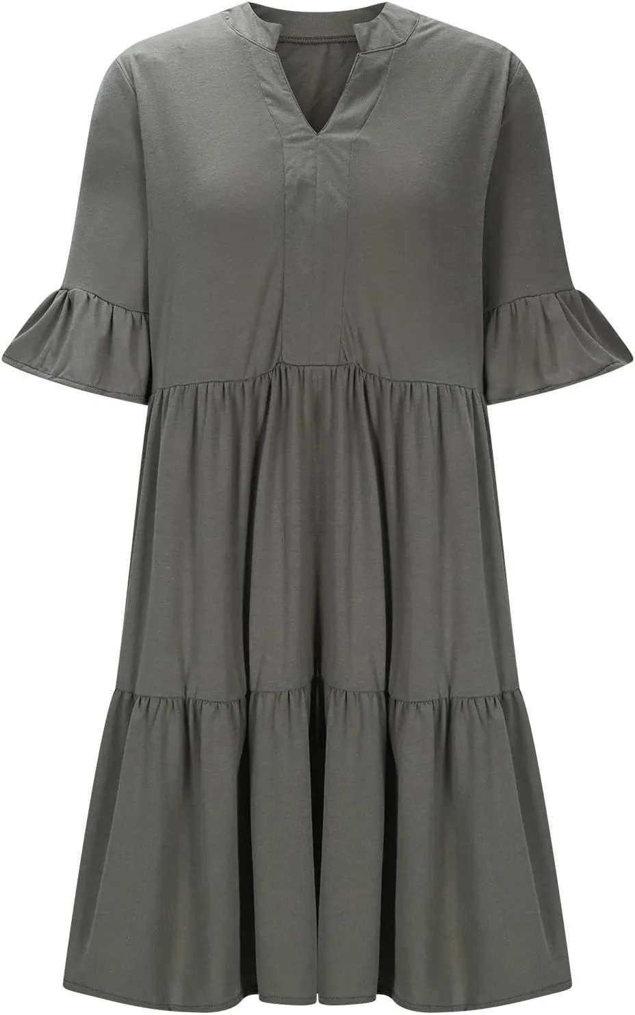 Womens Summer Dress Ruffle Sleeve V Neck Midi Dresses Fashion Casual Flowy Swing Tiered Boho Beach Vacation Sundress
