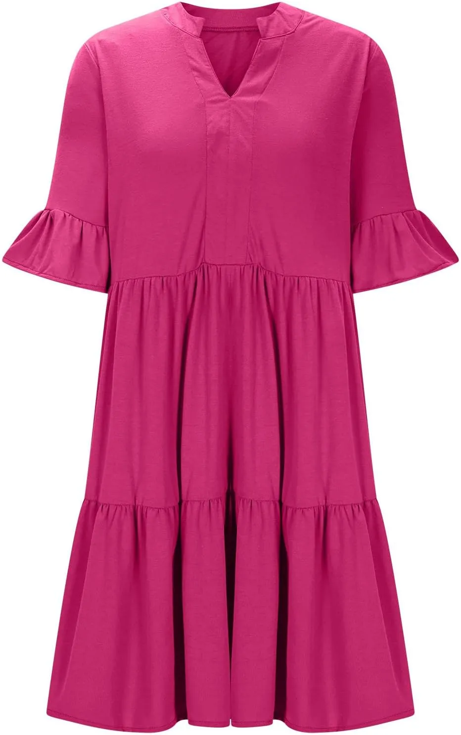 Womens Summer Dress Ruffle Sleeve V Neck Midi Dresses Fashion Casual Flowy Swing Tiered Boho Beach Vacation Sundress