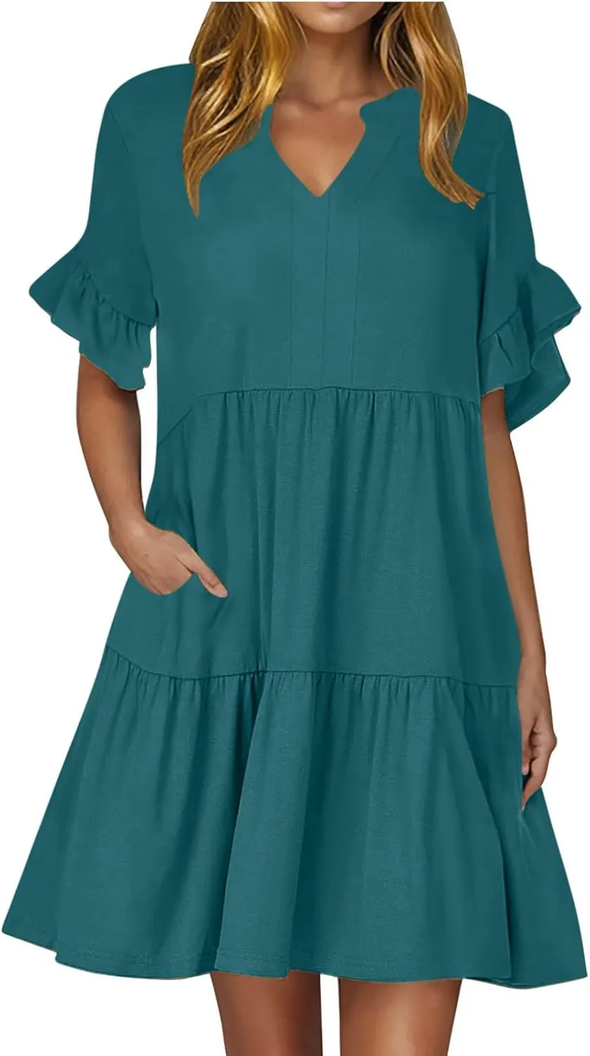 Womens Summer Dress Ruffle Sleeve V Neck Midi Dresses Fashion Casual Flowy Swing Tiered Boho Beach Vacation Sundress