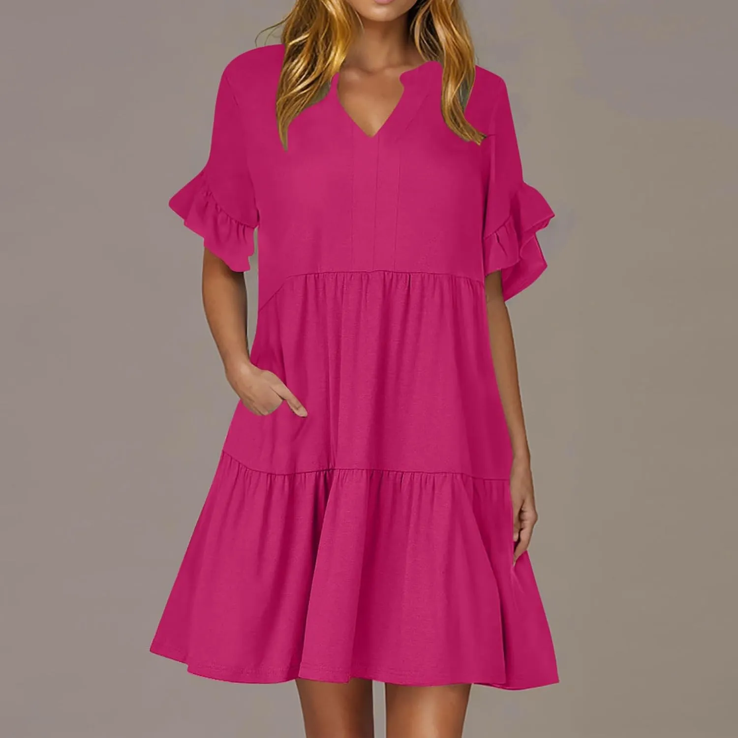 Womens Summer Dress Ruffle Sleeve V Neck Midi Dresses Fashion Casual Flowy Swing Tiered Boho Beach Vacation Sundress