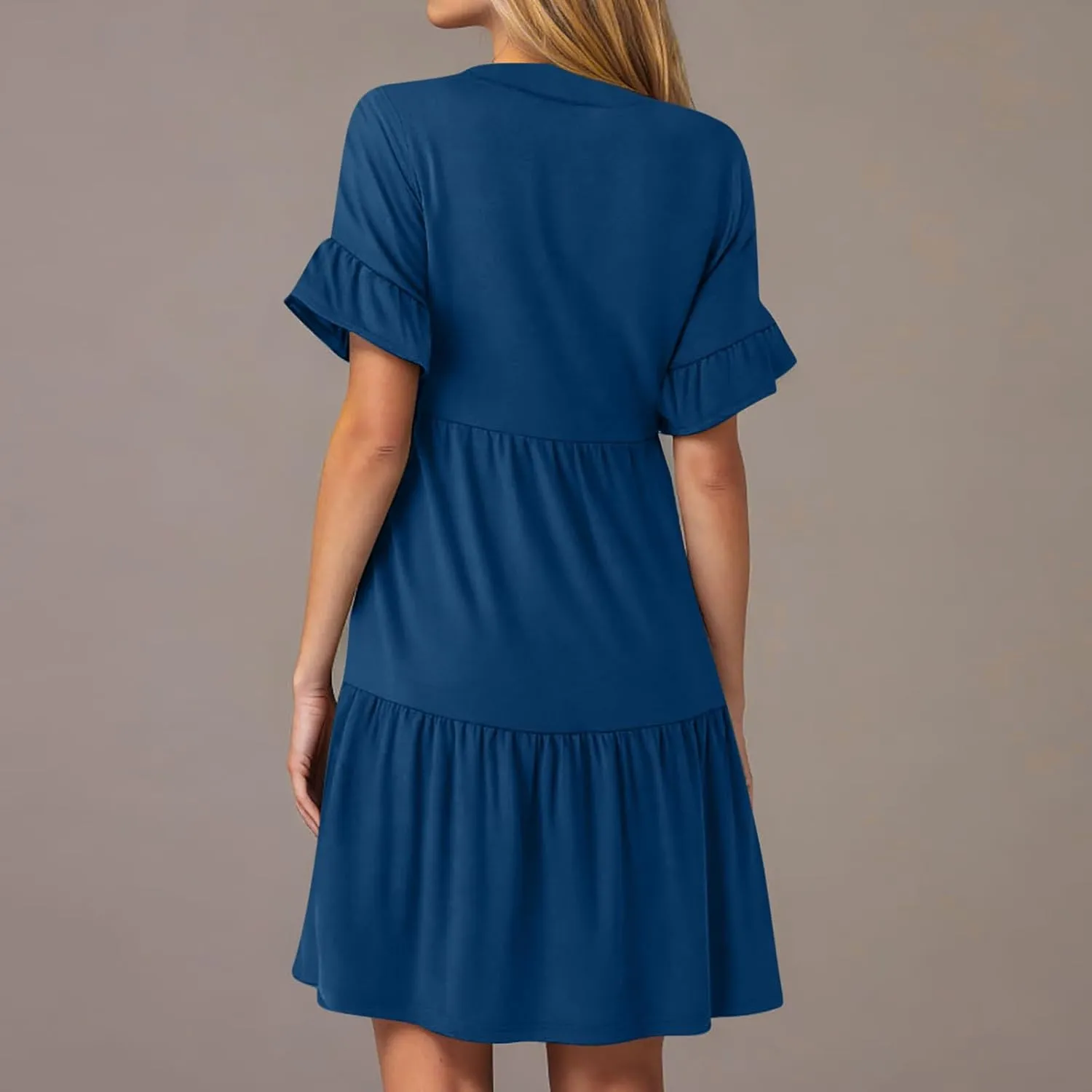 Womens Summer Dress Ruffle Sleeve V Neck Midi Dresses Fashion Casual Flowy Swing Tiered Boho Beach Vacation Sundress