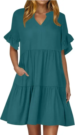 Womens Summer Dress Ruffle Sleeve V Neck Midi Dresses Fashion Casual Flowy Swing Tiered Boho Beach Vacation Sundress