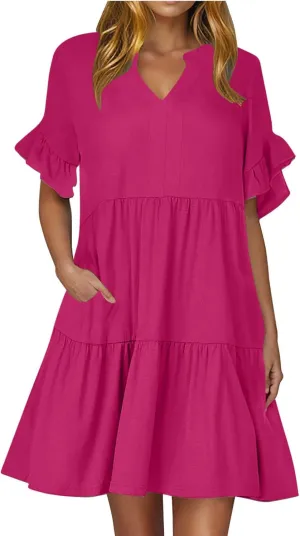 Womens Summer Dress Ruffle Sleeve V Neck Midi Dresses Fashion Casual Flowy Swing Tiered Boho Beach Vacation Sundress