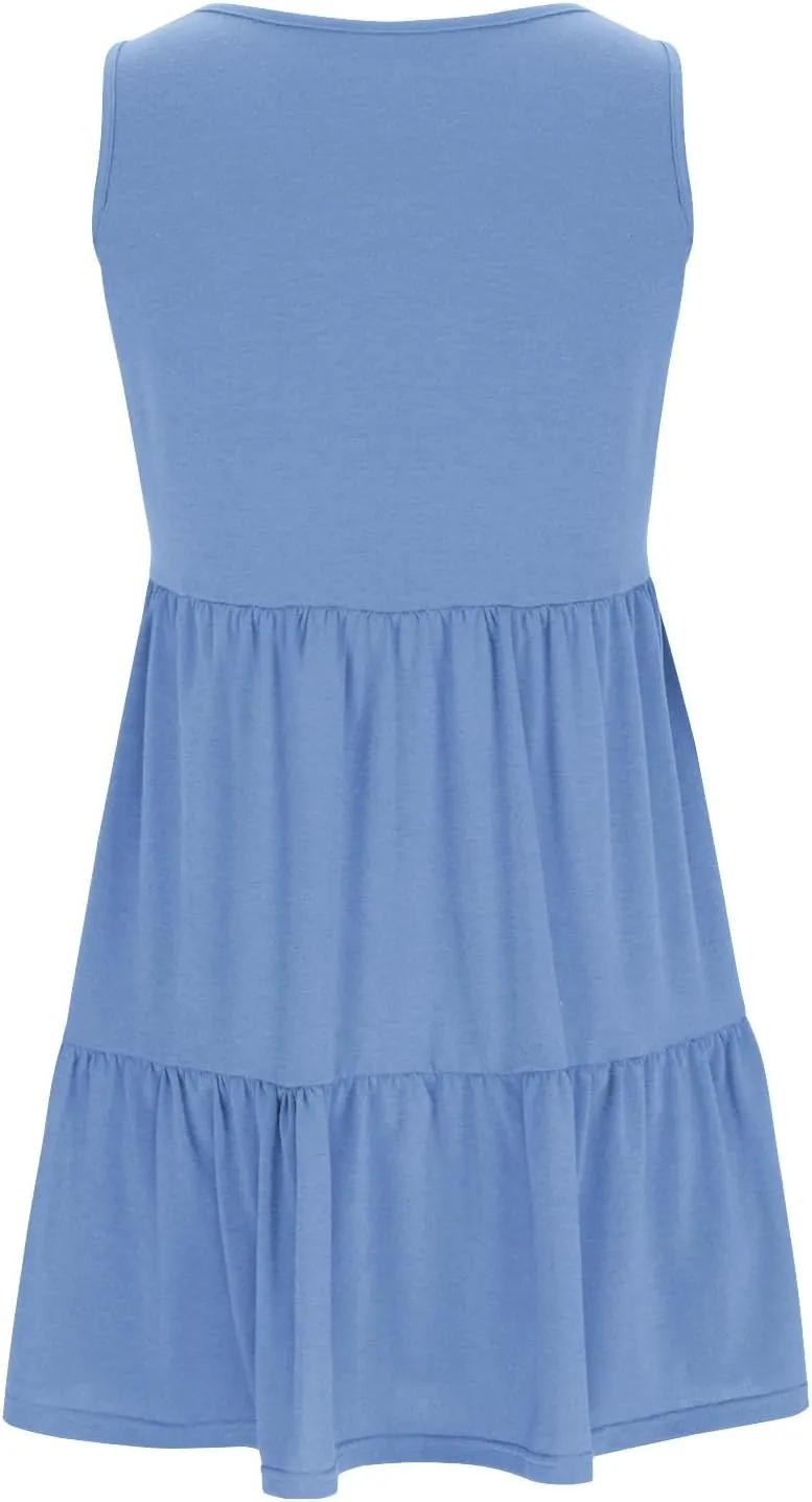 Womens Summer Dresses 2024 Sleeveless Smocked High Waist Ruffle Tiered Casual Swing Mini Dress Trendy Solid Sundress