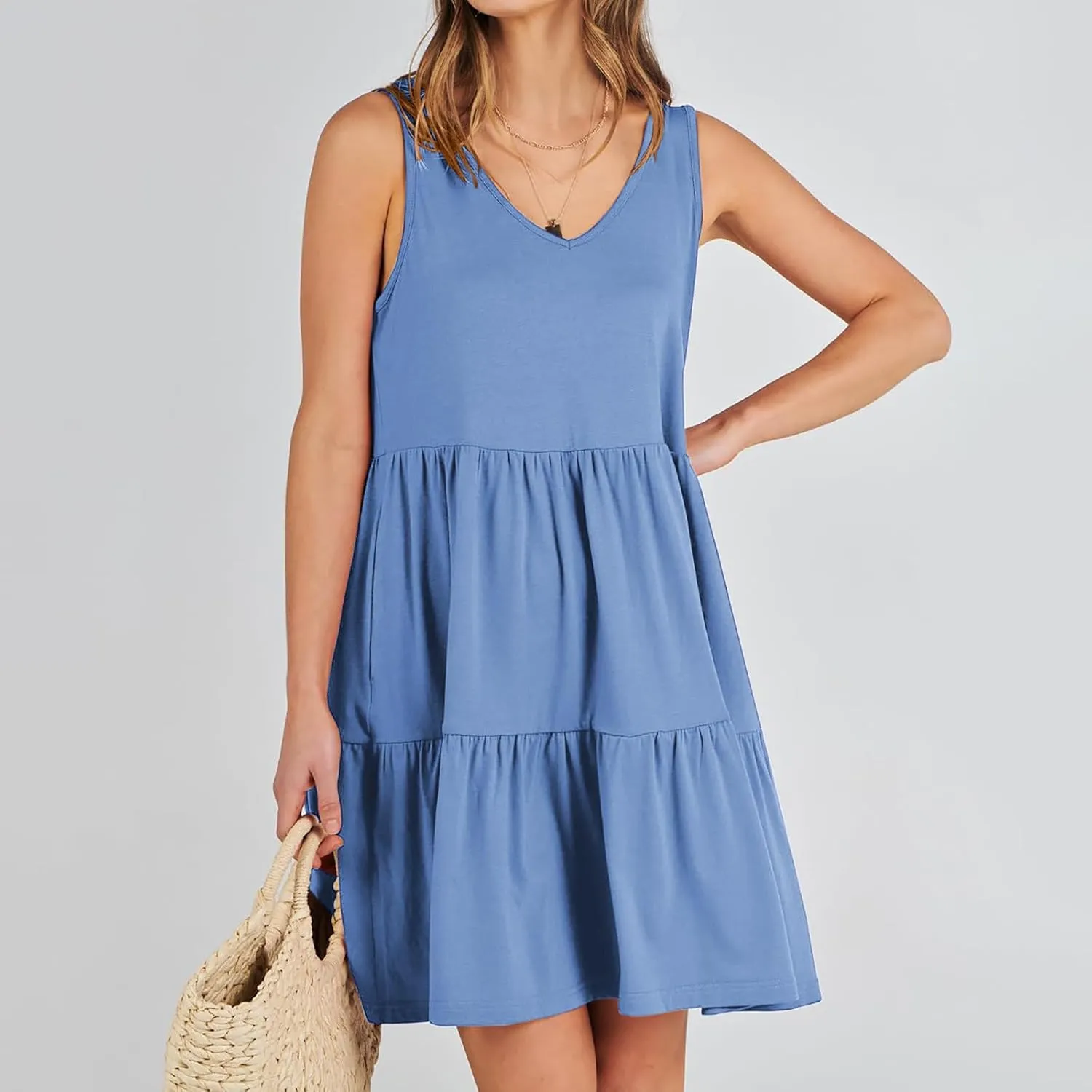 Womens Summer Dresses 2024 Sleeveless Smocked High Waist Ruffle Tiered Casual Swing Mini Dress Trendy Solid Sundress