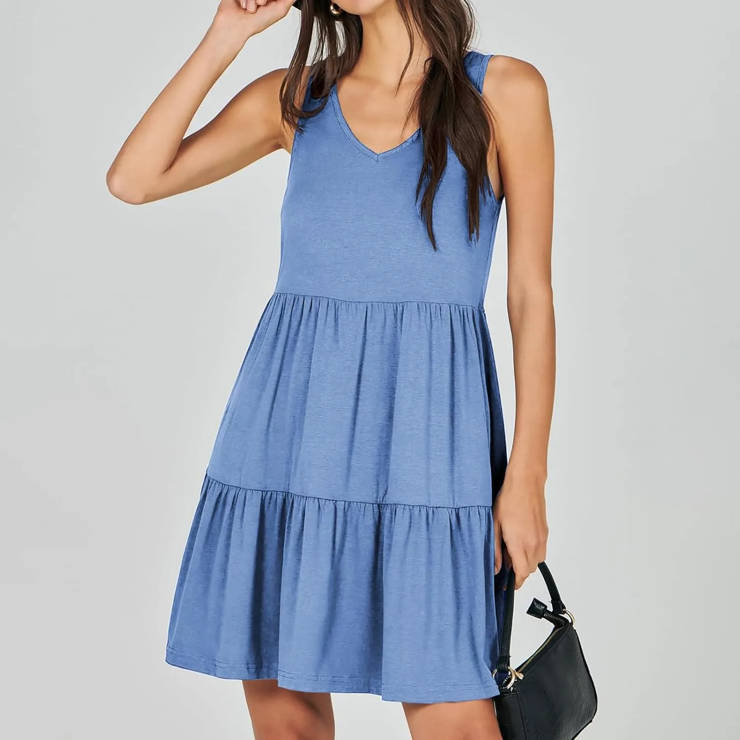 Womens Summer Dresses 2024 Sleeveless Smocked High Waist Ruffle Tiered Casual Swing Mini Dress Trendy Solid Sundress