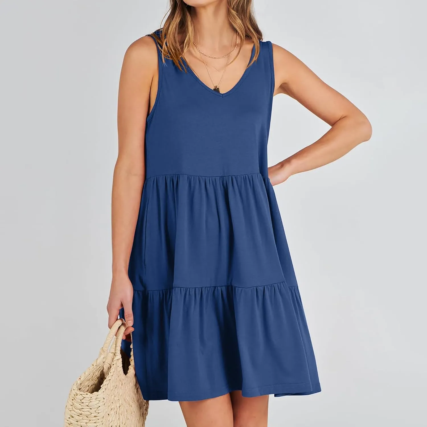 Womens Summer Dresses 2024 Sleeveless Smocked High Waist Ruffle Tiered Casual Swing Mini Dress Trendy Solid Sundress