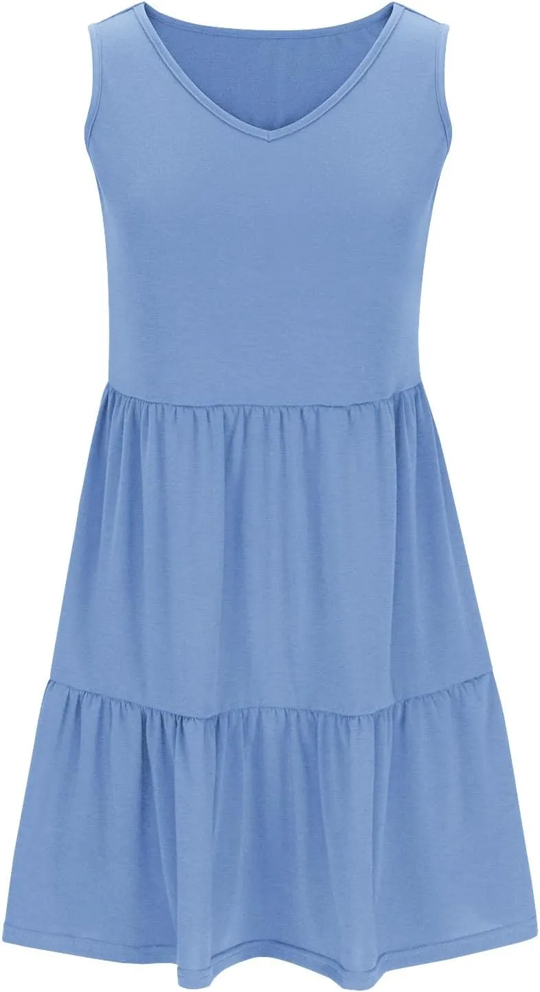 Womens Summer Dresses 2024 Sleeveless Smocked High Waist Ruffle Tiered Casual Swing Mini Dress Trendy Solid Sundress