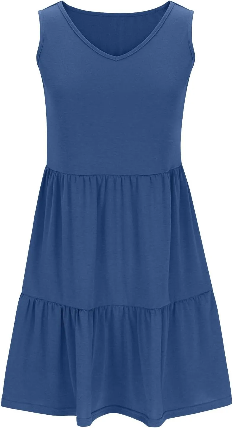 Womens Summer Dresses 2024 Sleeveless Smocked High Waist Ruffle Tiered Casual Swing Mini Dress Trendy Solid Sundress