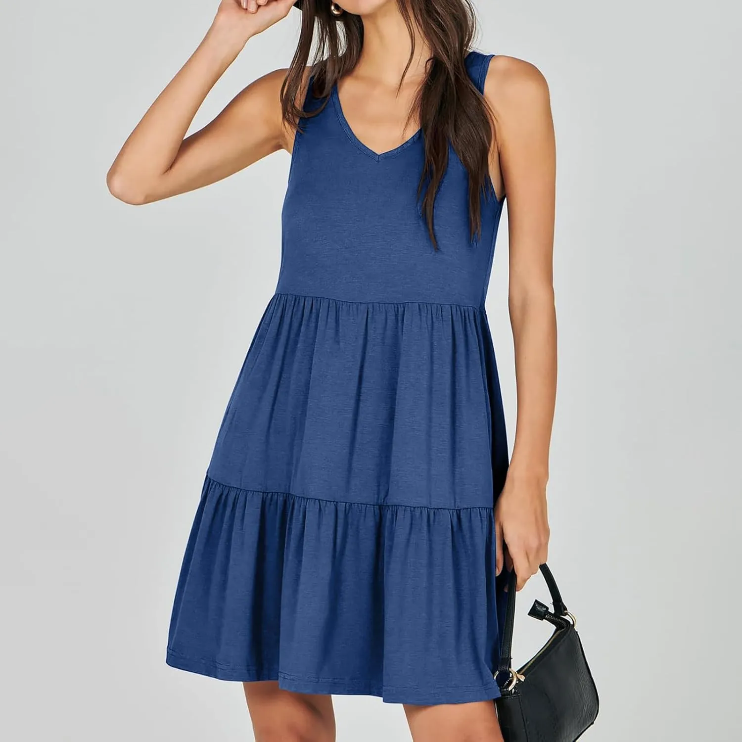 Womens Summer Dresses 2024 Sleeveless Smocked High Waist Ruffle Tiered Casual Swing Mini Dress Trendy Solid Sundress
