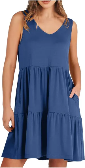 Womens Summer Dresses 2024 Sleeveless Smocked High Waist Ruffle Tiered Casual Swing Mini Dress Trendy Solid Sundress