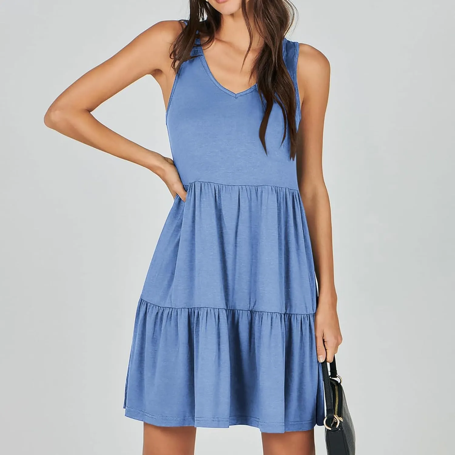 Womens Summer Dresses 2024 Sleeveless Smocked High Waist Ruffle Tiered Casual Swing Mini Dress Trendy Solid Sundress