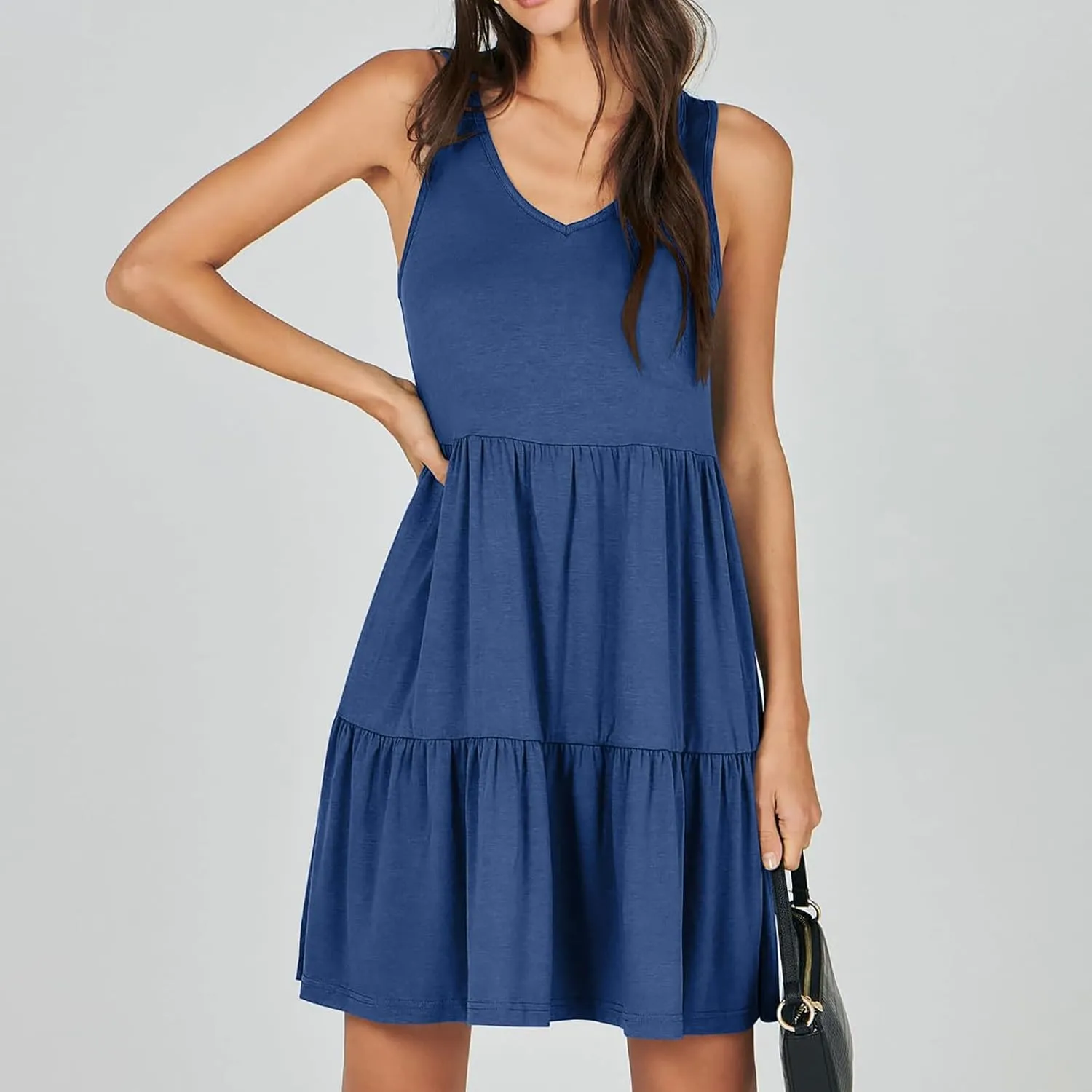 Womens Summer Dresses 2024 Sleeveless Smocked High Waist Ruffle Tiered Casual Swing Mini Dress Trendy Solid Sundress