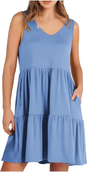 Womens Summer Dresses 2024 Sleeveless Smocked High Waist Ruffle Tiered Casual Swing Mini Dress Trendy Solid Sundress