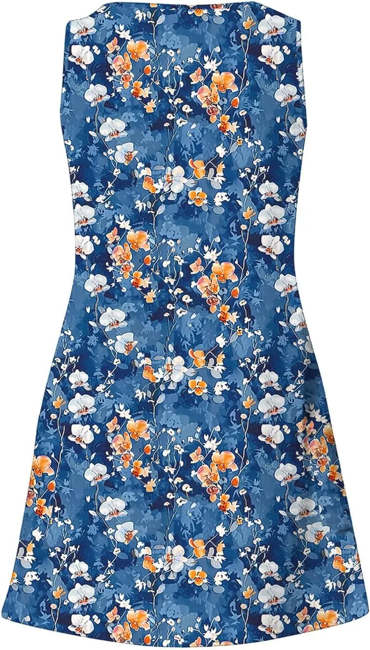 Women's Summer Dresses 2025 Beach Casual Sleeveless Floral Print Tank Loose Sundress Tunic Mini Sun Dress with Pocket