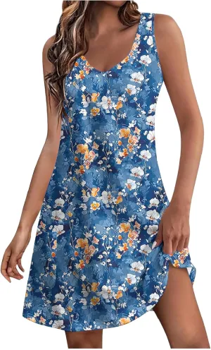 Women's Summer Dresses 2025 Beach Casual Sleeveless Floral Print Tank Loose Sundress Tunic Mini Sun Dress with Pocket