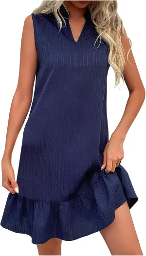 Women's Summer Dresses 2025 Sleeveless Smocked V Neck Tank Dress Casual Loose A-Line Swing Ruffle Mini Dress Sundress