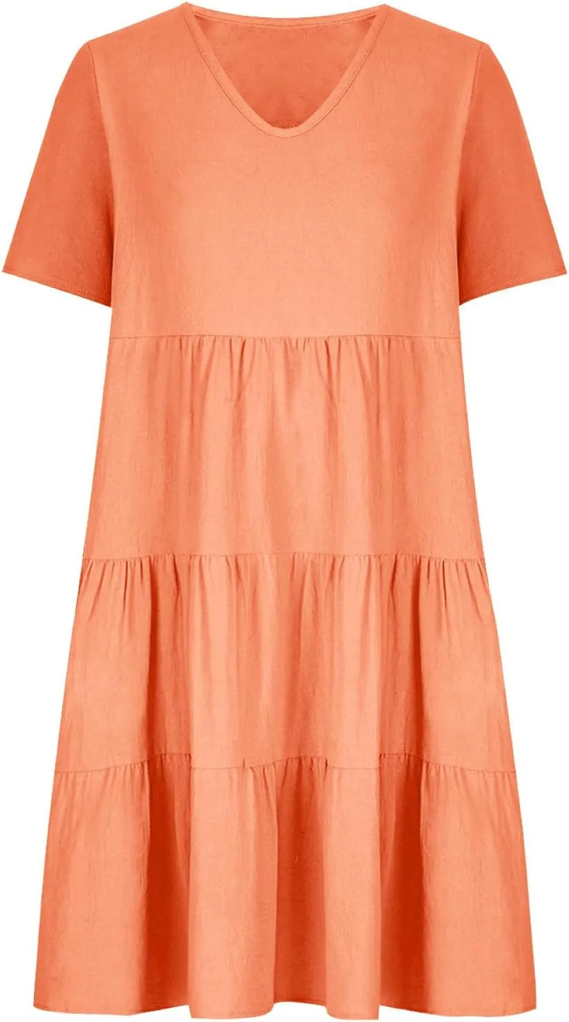 Womens Summer Dresses Casual V-Neck Short Sleeve Flowy Mini Dress Trendy Solid A-Line Ruffle Tiered Swing Dresses